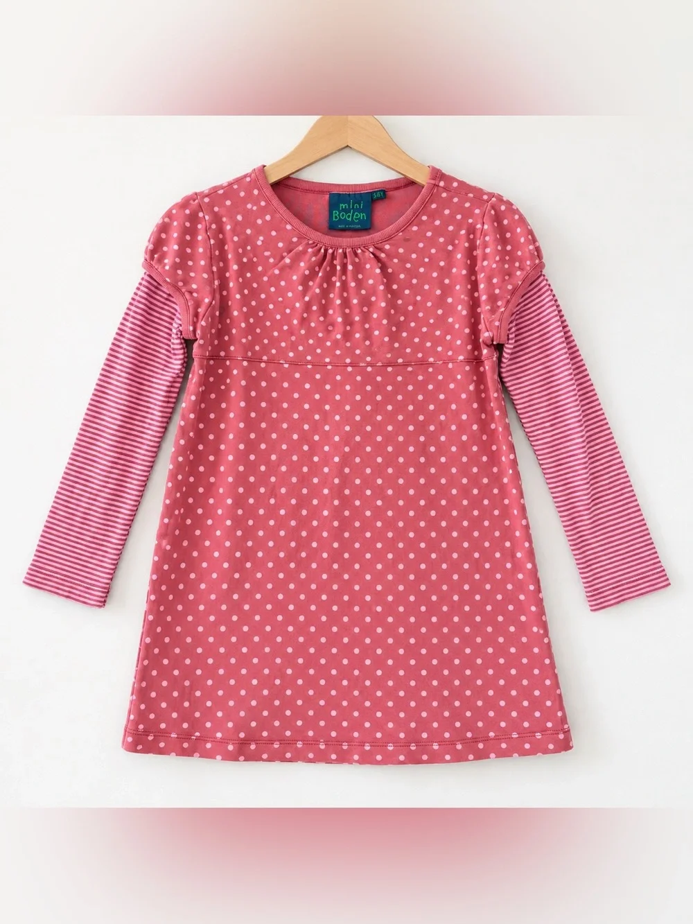Mini Boden Girls Pink Polka Dot Long Sleeve Dress 5-6Y Cottagecore Stripes